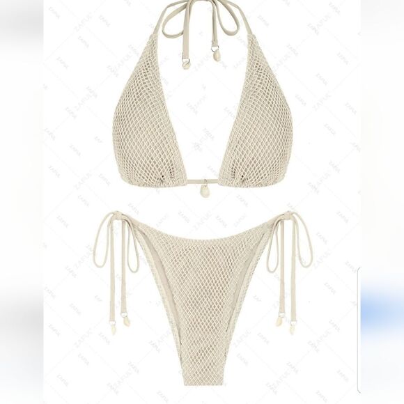 ZAFUL Women Bikini Set Two Piece Textured Beaded Tie Back Halter Cheeky Swimsuit - Picture 3 of 15